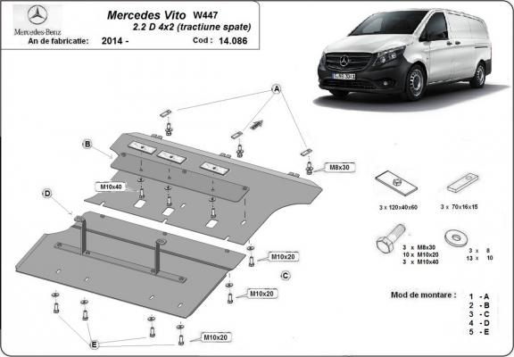 Unterfahrschutz für Motor und Getriebe aus Stahl für Mercedes Vito W447 - 4X2 