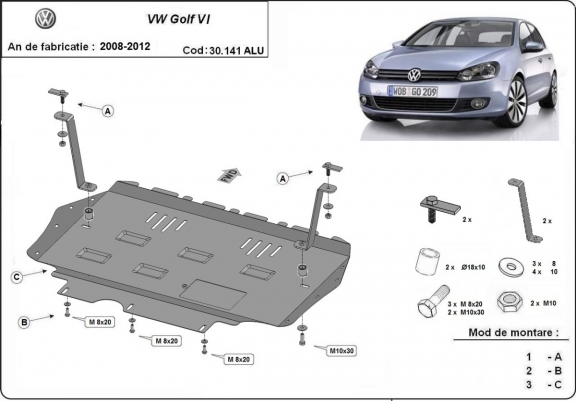 Aluminium Unterfahrschutz für Motor und Getriebe für den VW Golf 6