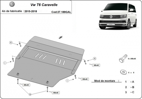 Unterfahrschutz aus verzinktem Stahl für Motor der Marke Volkswagen Transporter T6 Caravelle