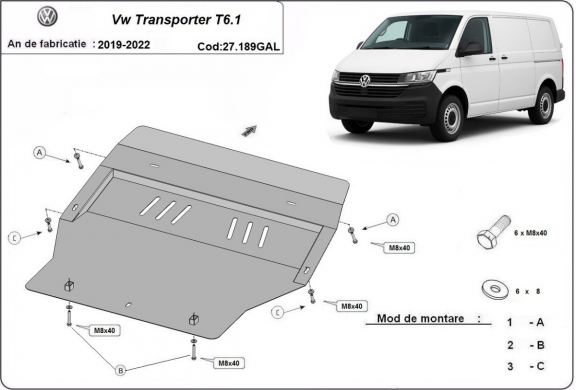 Unterfahrschutz aus verzinktem Stahl für Motor der Marke Volkswagen Transporter T6.1
